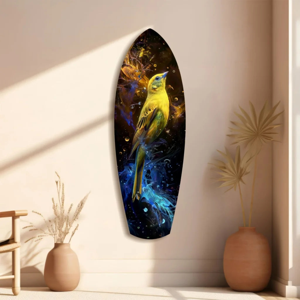 Vibrant yellow bird on cosmic swirls in Surfboard Tempered Glass Art