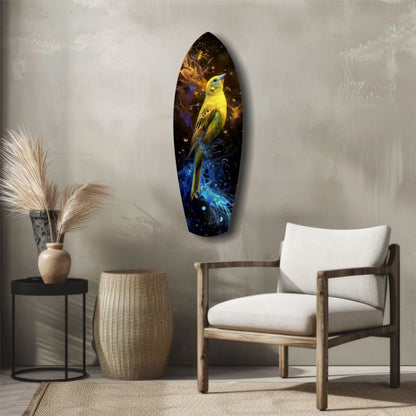 Vibrant yellow bird on surfboard tempered glass art with cosmic swirls