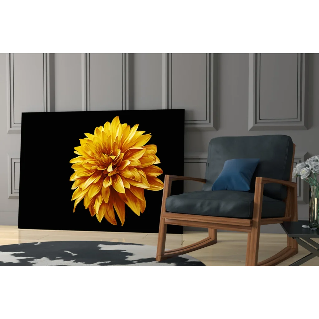 Vibrant yellow dahlia wall art canvas print on black background