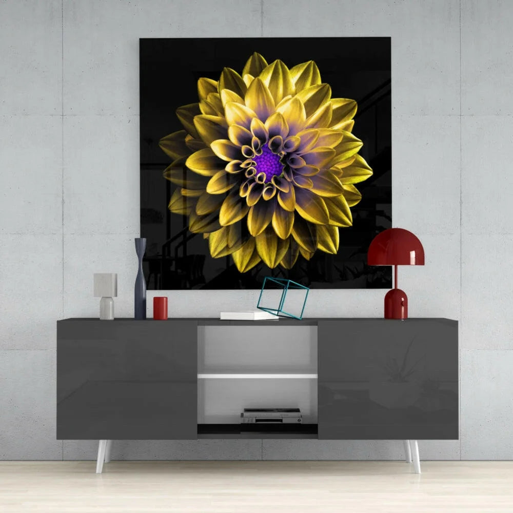 Vibrant purple and gold dahlia glass wall art panel on black canvas