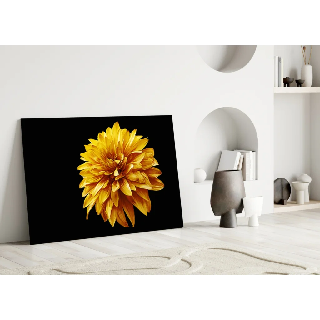 Stunning Yellow Dahlia Black Canvas Wall Art | Modern Wall Art Decor | vintageantiquesgifts.com