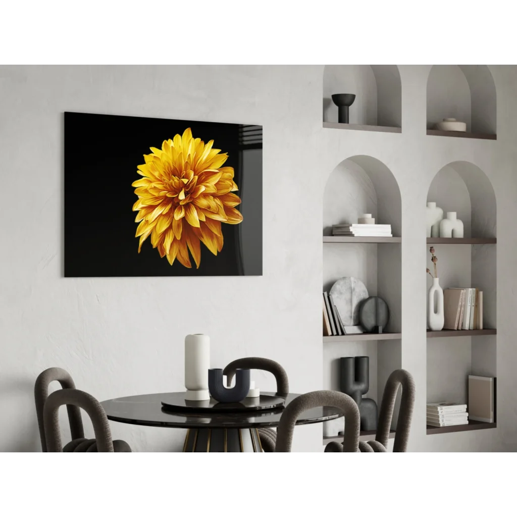 Vibrant yellow dahlia wall art on sleek black canvas