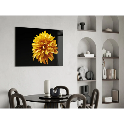 Vibrant yellow dahlia wall art on sleek black canvas