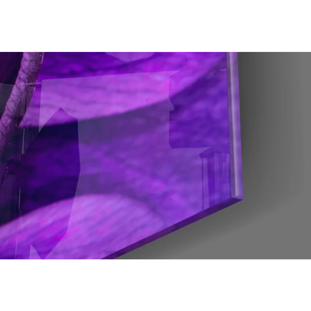 Stunning purple anemone glass wall art with glossy translucent panel