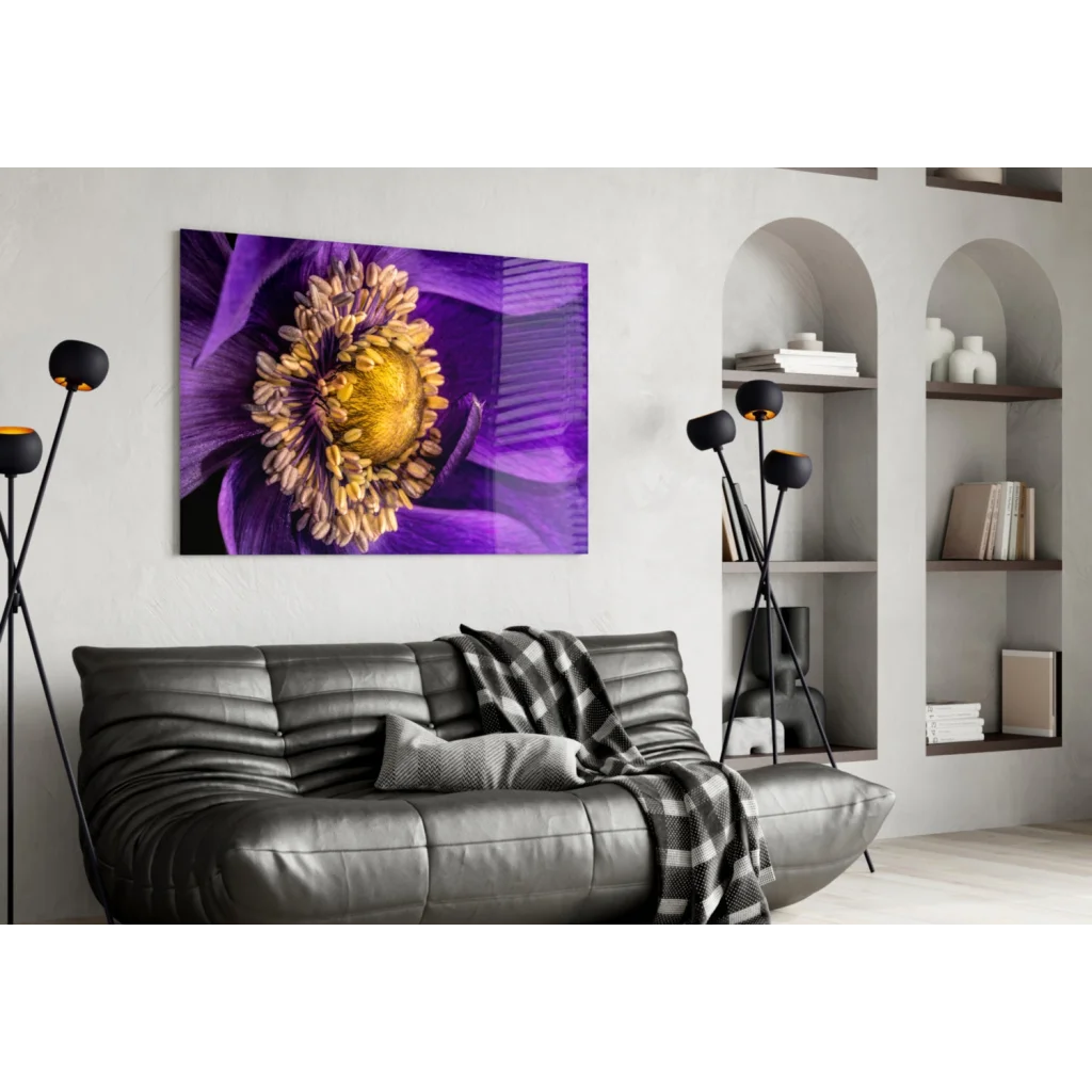 Vibrant purple anemone flower canvas wall art print on wall