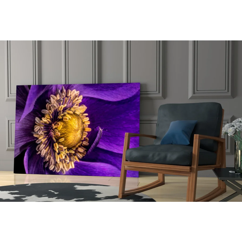 Vibrant purple and gold anemone flower wall art canvas print