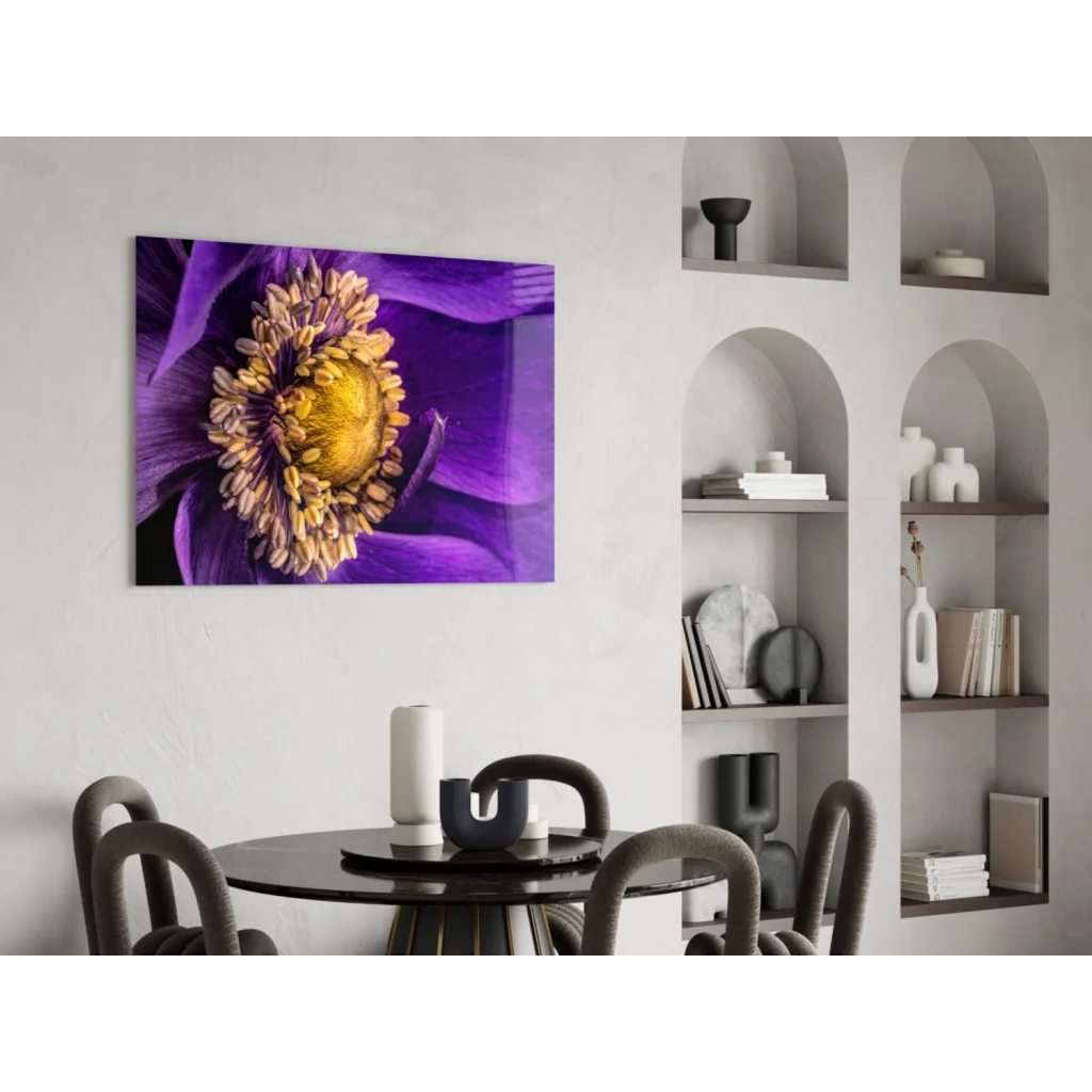 Vibrant purple anemone wall art canvas print with golden center in minimalist interior
