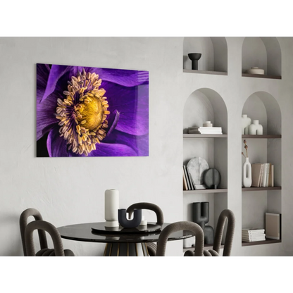 Vibrant purple anemone wall art canvas print with golden center in minimalist interior