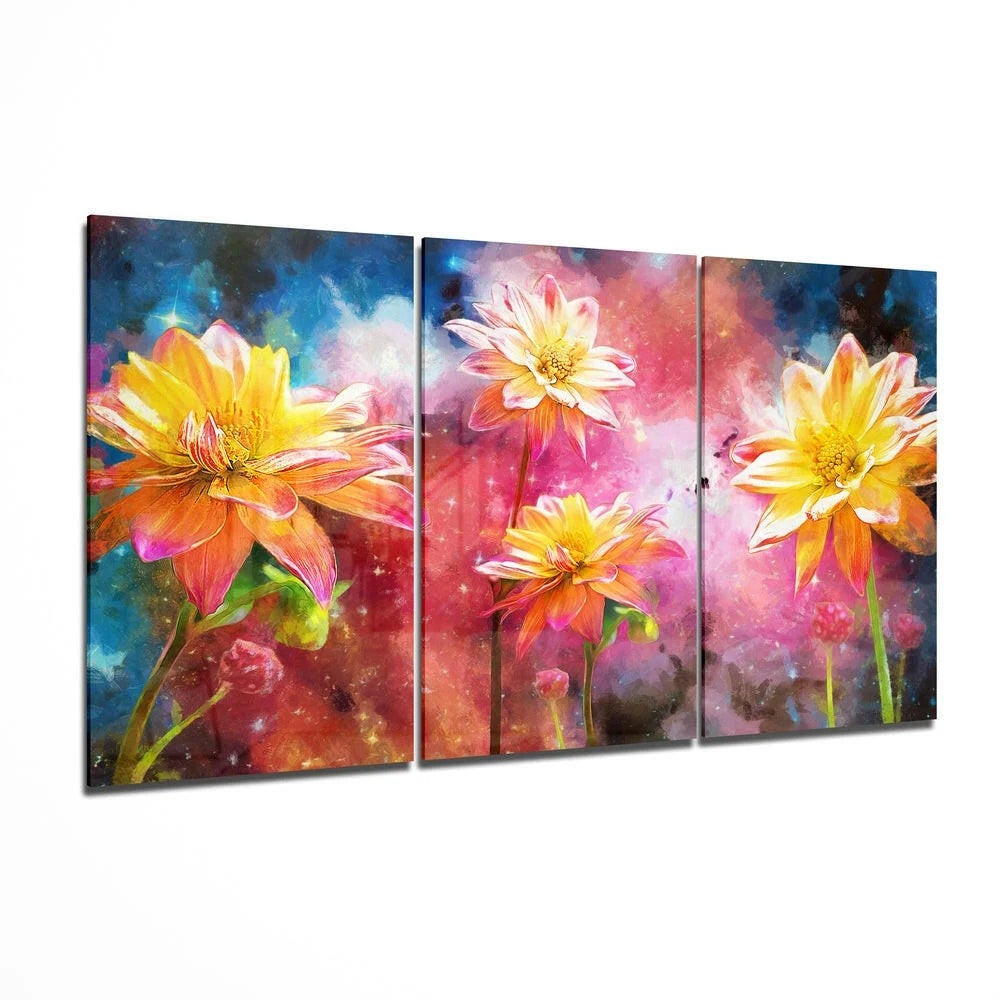 Vibrant cosmic dahlia glass wall art triptych in yellow, orange, pink, blue hues