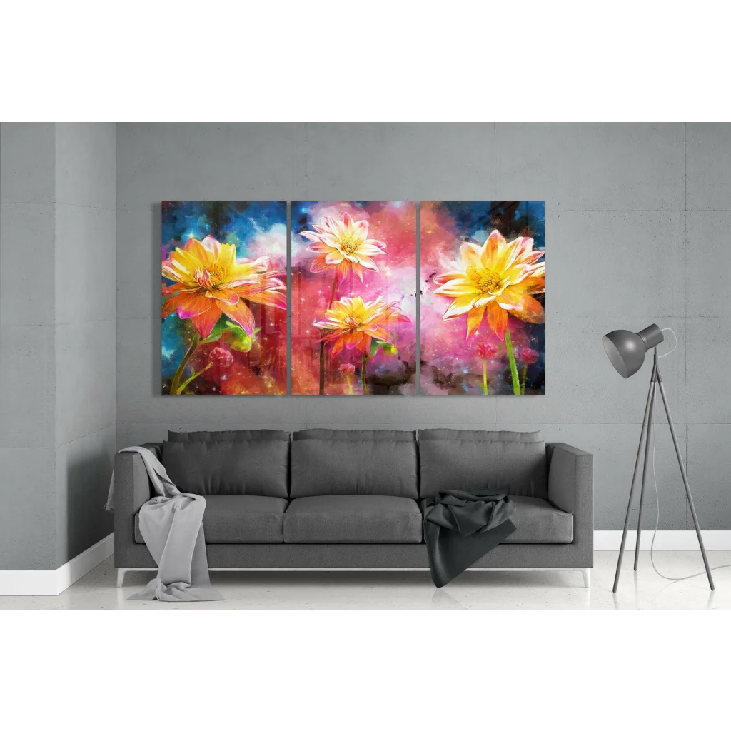 Vibrant cosmic dahlia triptych glass wall art in bold yellow orange flowers and swirling pink blue purple hues