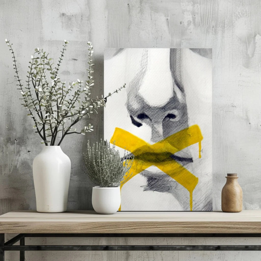 Yellow abstract fox art print on aluminum with dripping paint effect
