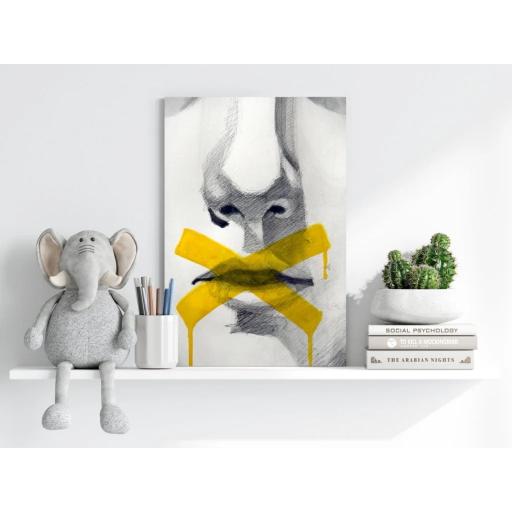 Yellow and gray abstract fox art on white canvas aluminum print