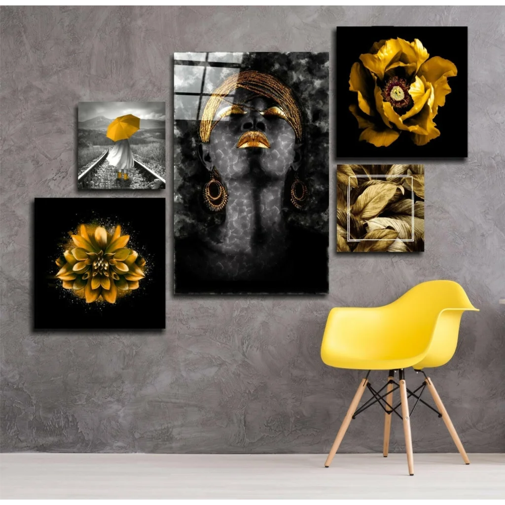 Stunning Gold Accent Glass Wall Art Set of Five Modern Prints | Glass Wall Art Print | vintageantiquesgifts.com