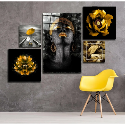 Stunning Gold Accent Glass Wall Art Set of Five Modern Prints | Glass Wall Art Print | vintageantiquesgifts.com