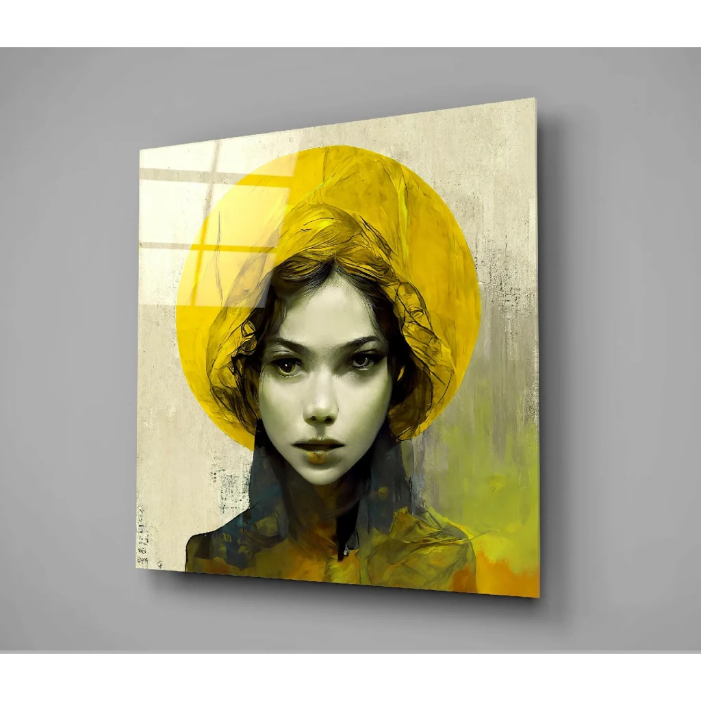 Bold Yellow Halo Portrait Wall Art with Modern Abstract Style | Glass Wall Art Print | vintageantiquesgifts.com