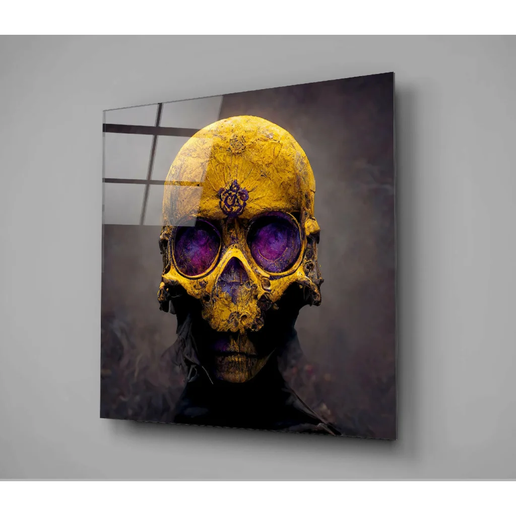 Glowing purple skull glass wall art with golden details and intricate design