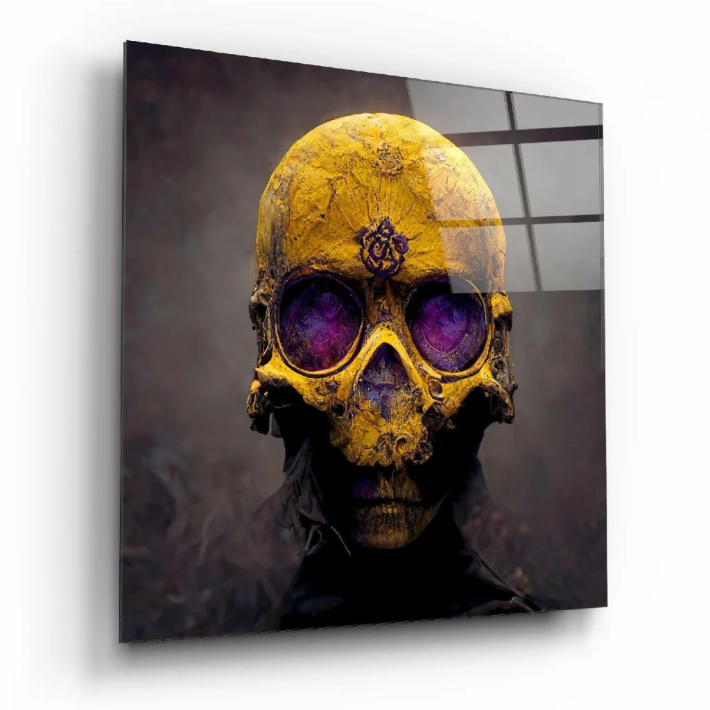 Glowing purple skull glass wall art with golden details