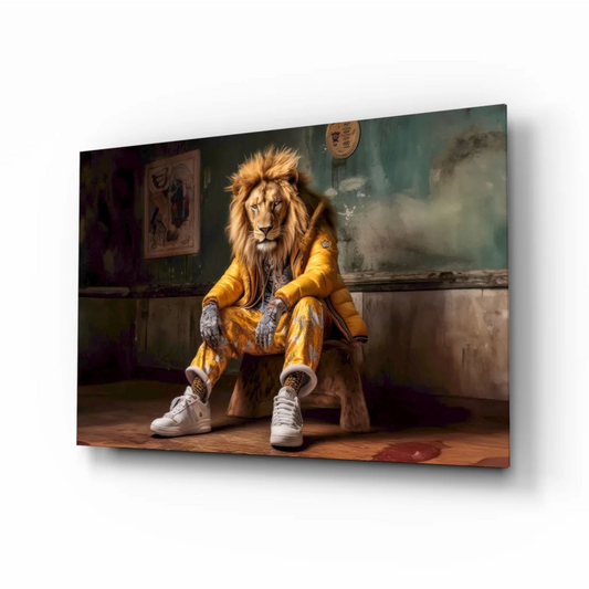 Vibrant lion in yellow puffer jacket wall art canvas print