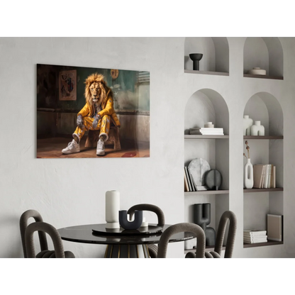 Vibrant yellow lion in stylish jacket wall art canvas print