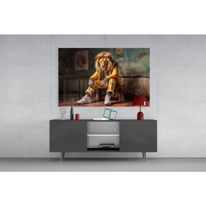 Vibrant yellow lion wall art print with contemplative expression on gray console