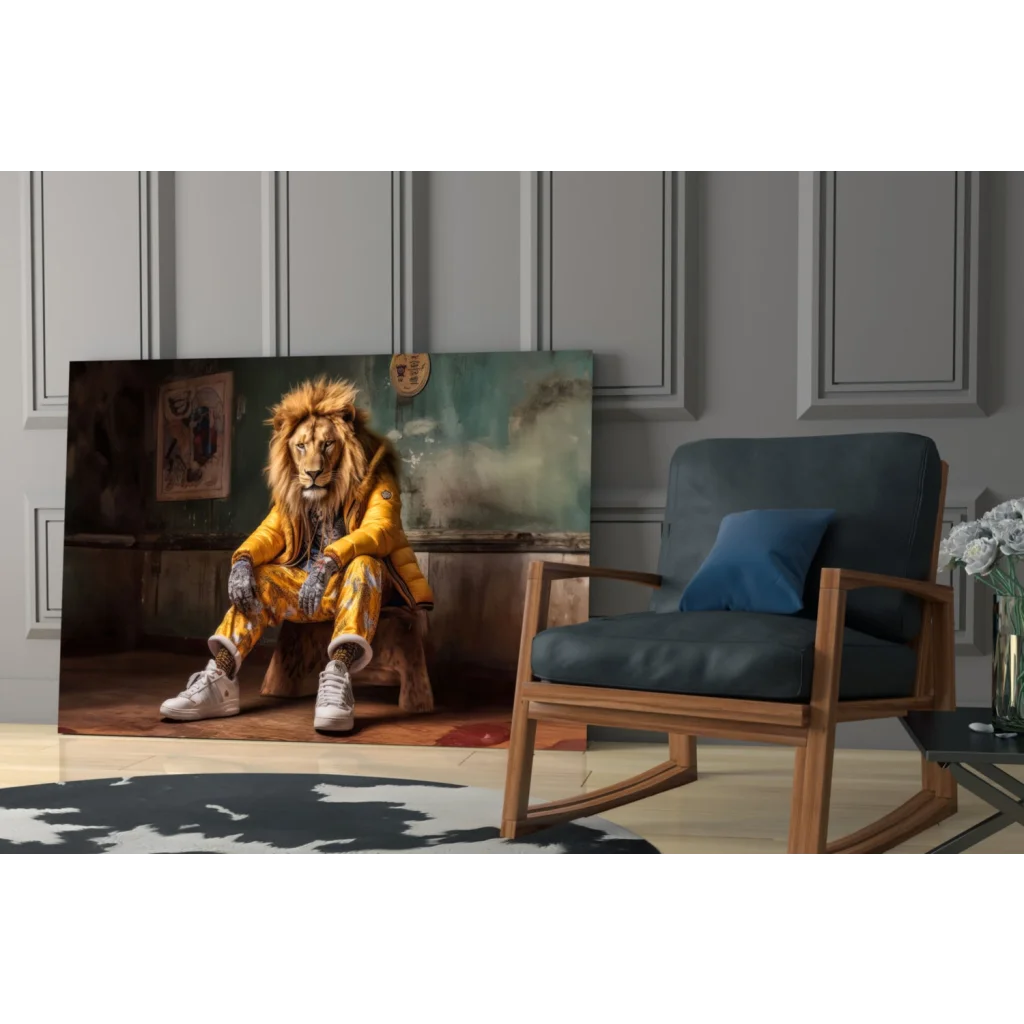 Vibrant yellow lion in stylish jacket wall art canvas print
