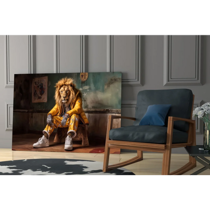 Vibrant yellow lion in stylish jacket wall art canvas print