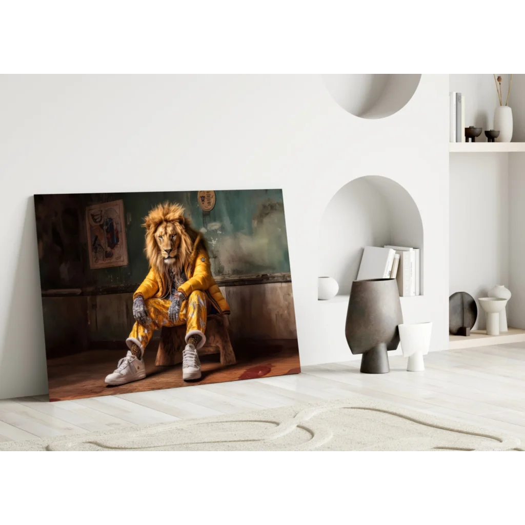 Vibrant lion in yellow jacket canvas wall art print