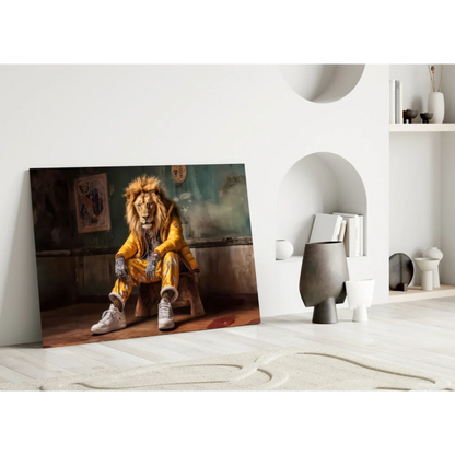 Vibrant lion in yellow jacket canvas wall art print