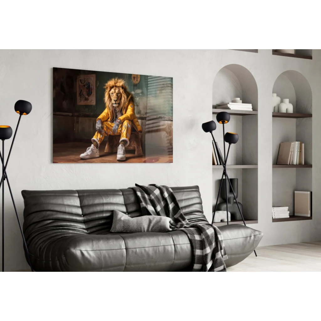 Vibrant yellow lion in retro jacket on stool, stylish wall art print