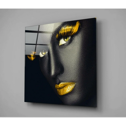 Stunning black and gold face on glossy glass wall art with city backdrop