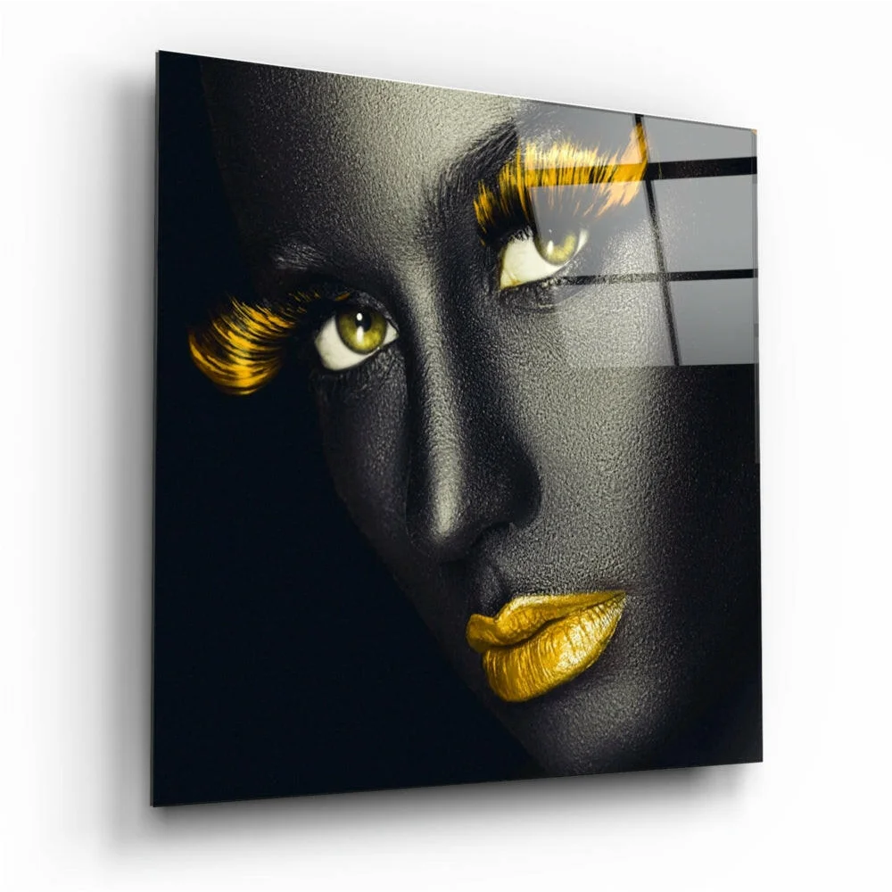 Stunning black and gold face portrait glass wall art with city backdrop