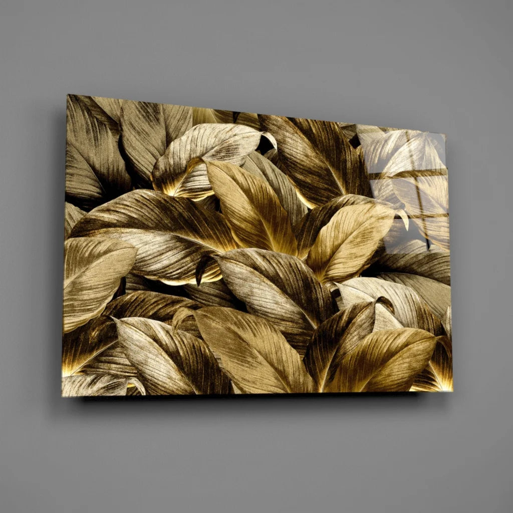 Stunning Golden Leaves Glass Wall Art Canvas Print | Glass Wall Art Print | vintageantiquesgifts.com