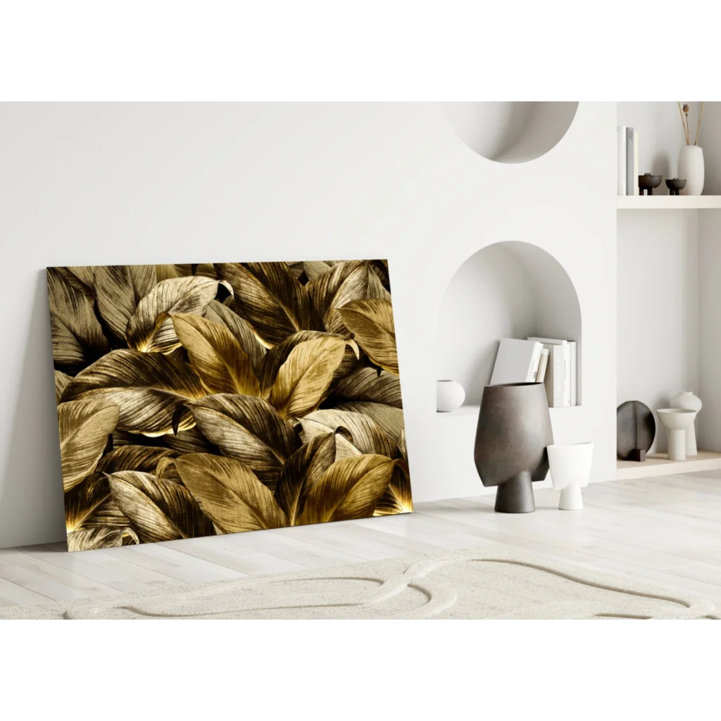 Stunning Golden Leaves Glass Wall Art Canvas Print | Modern Wall Art Decor | vintageantiquesgifts.com