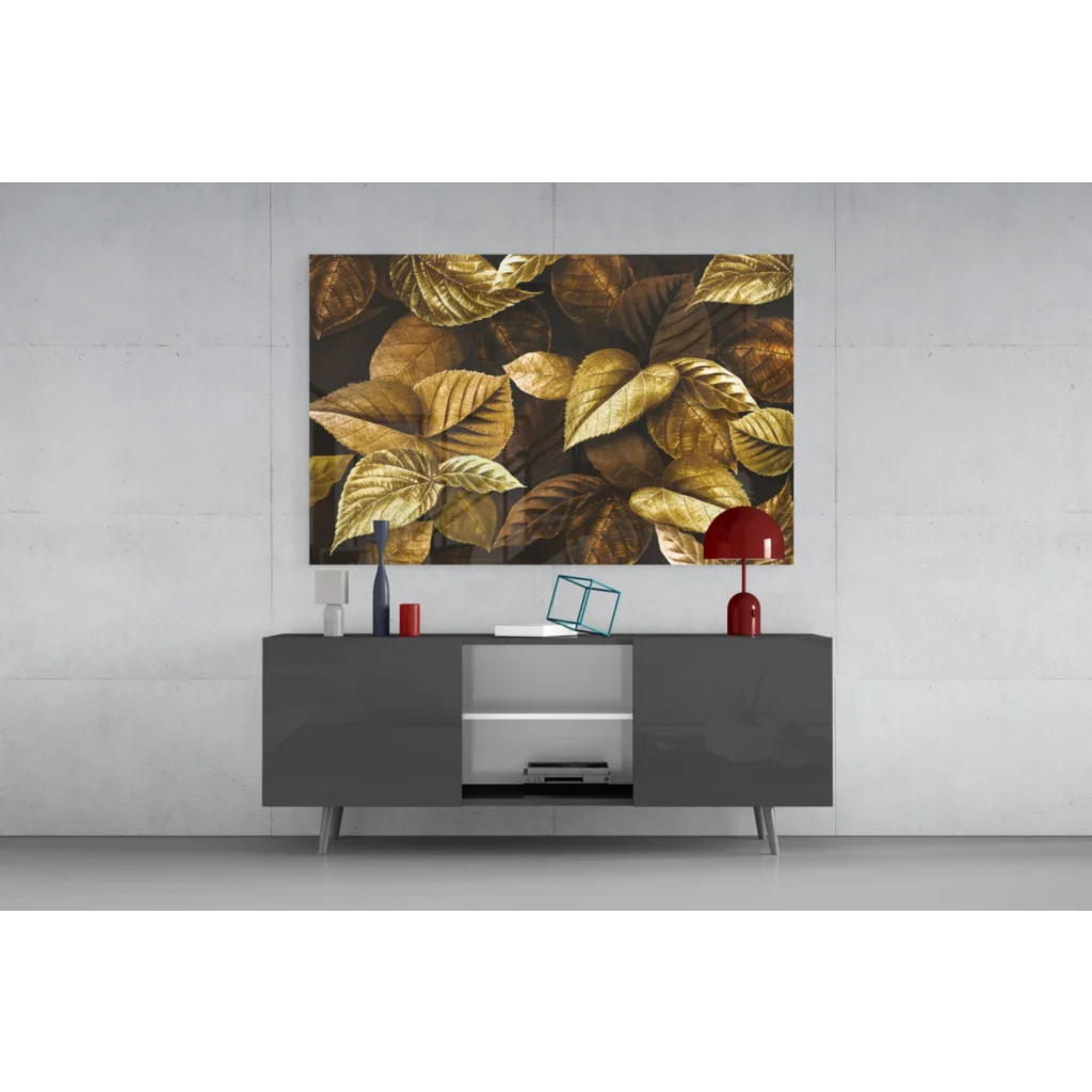 Golden leaves wall art canvas print on dark background