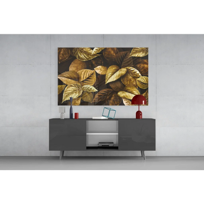 Golden leaves wall art canvas print on dark background