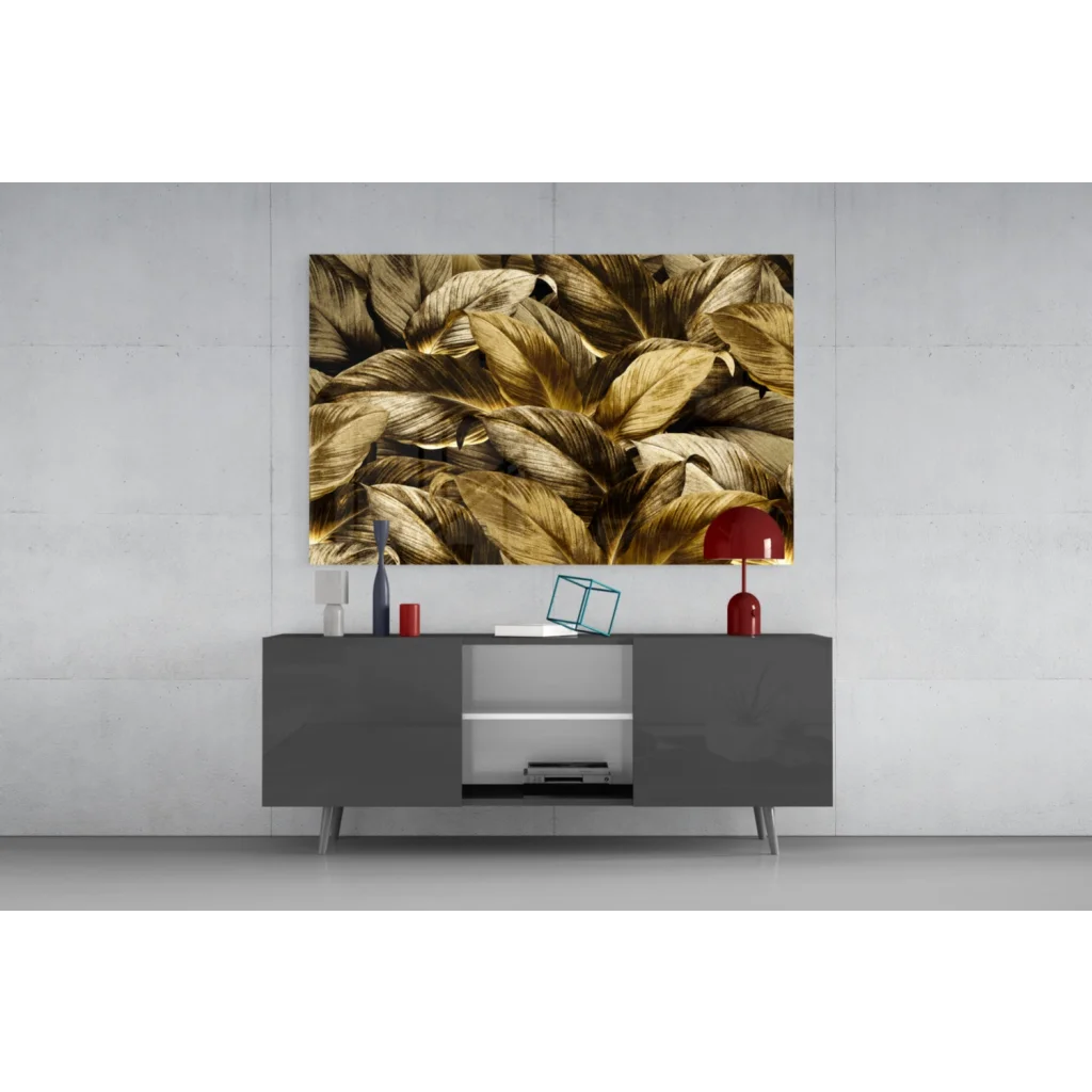 Stunning golden leaves glass wall art canvas print with textured pattern