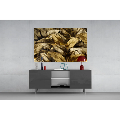 Stunning golden leaves glass wall art canvas print with textured pattern