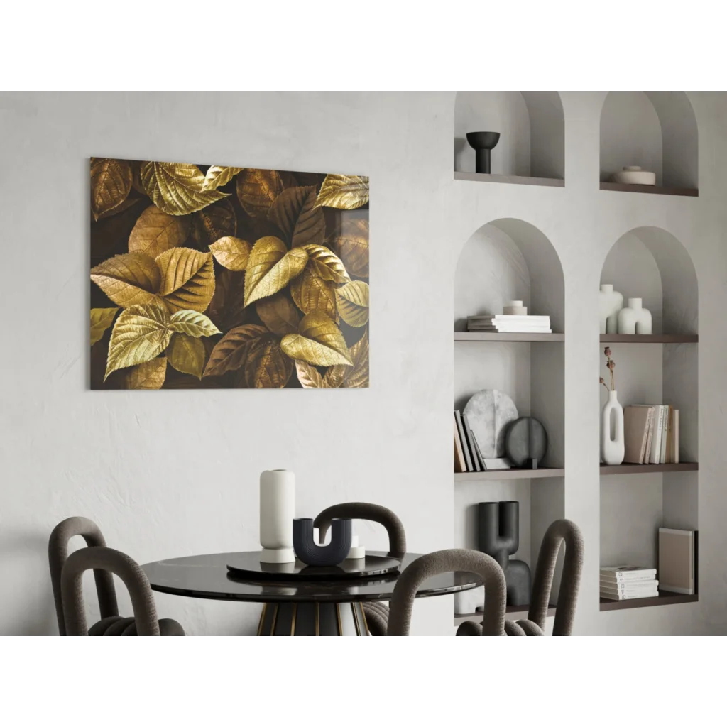 Golden leaves canvas wall art on dark background