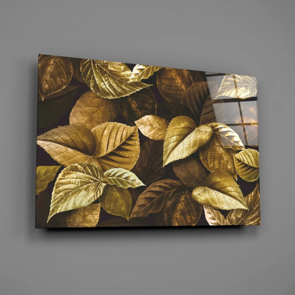 Golden Leaves Canvas Wall Art with Dark Background | Glass Wall Art Print | vintageantiquesgifts.com