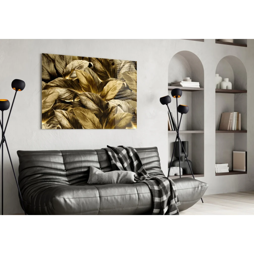 Stunning Golden Leaves Glass Wall Art Canvas Print | Contemporary Home Wall Art | vintageantiquesgifts.com