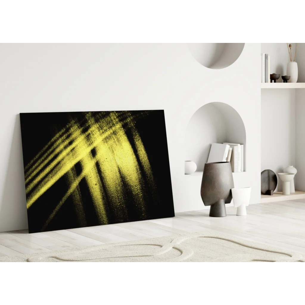 Bold yellow brushstroke glass wall art on black canvas