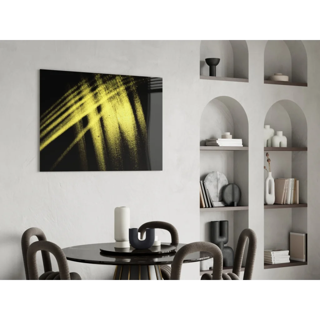 Bold yellow brushstroke glass wall art on black canvas with textured strokes