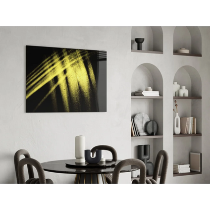 Bold yellow brushstroke glass wall art on black canvas with textured strokes