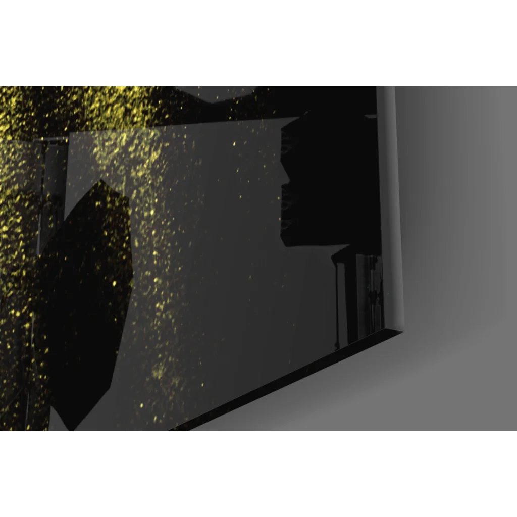 Black canvas with bold yellow brushstroke glass wall art and gold glitter cascade