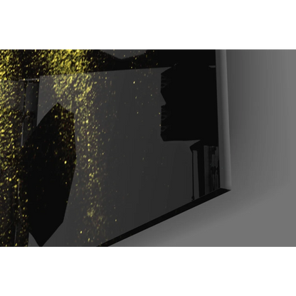 Black canvas with bold yellow brushstroke glass wall art and gold glitter cascade