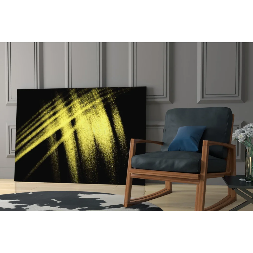 Bold yellow brushstroke glass wall art on black canvas
