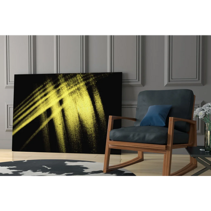 Bold yellow brushstroke glass wall art on black canvas