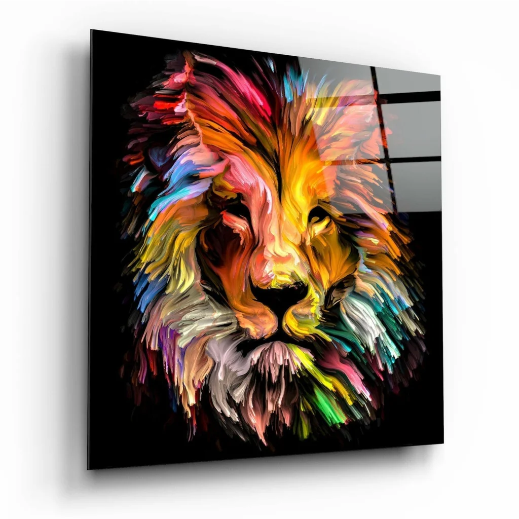 Vibrant abstract neon lion glass wall art panel on glossy black