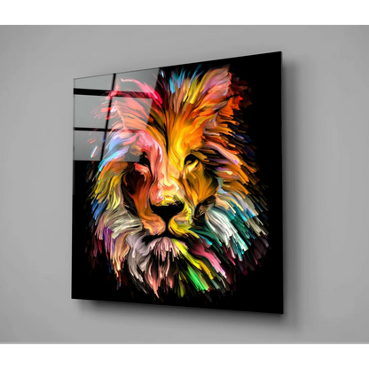 Vibrant abstract neon lion glass wall art panel on sleek black glass