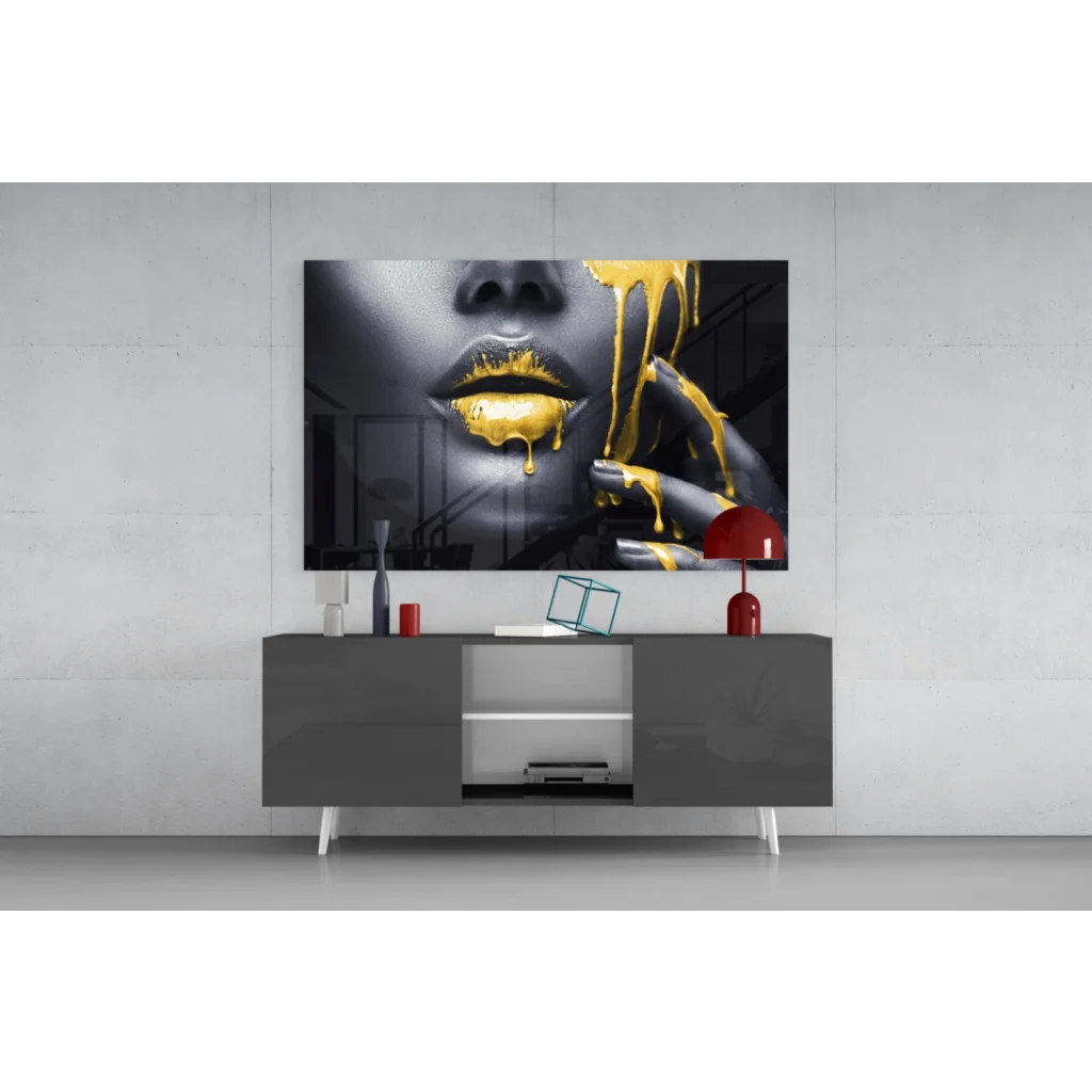 Bold golden drip lips and fingers on black-and-white canvas wall art